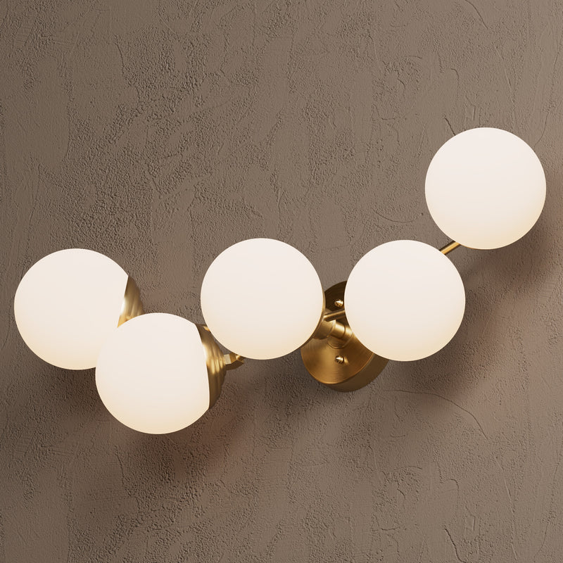 Owasso - Five Light Bathroom Vanity - Antique Brass / Matte Frosted Globes - Wall Sconce - Custom Lighting By Velora