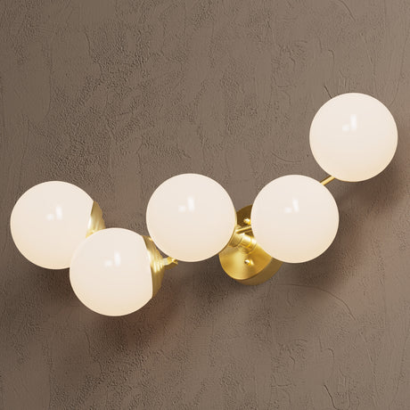 Owasso - Five Light Bathroom Vanity - Raw Unlacquered Brass / Gloss White Globes - Wall Sconce - Custom Lighting