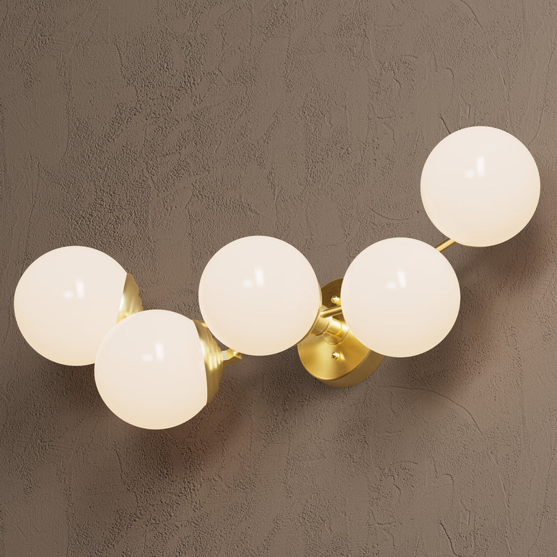 Owasso - Five Light Bathroom Vanity - Raw Unlacquered Brass / Gloss White Globes - Wall Sconce - Custom Lighting