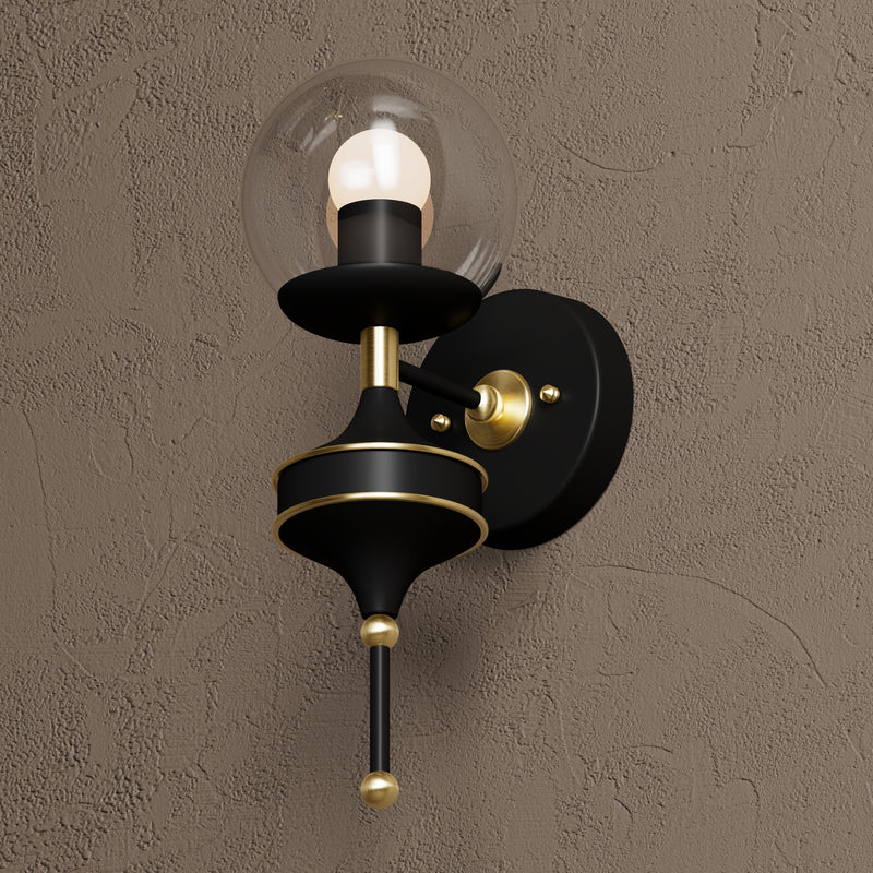 Oxford - Single Light Sconce - Black & Brass / Clear Globe - Wall Sconce - Custom Lighting By Velora