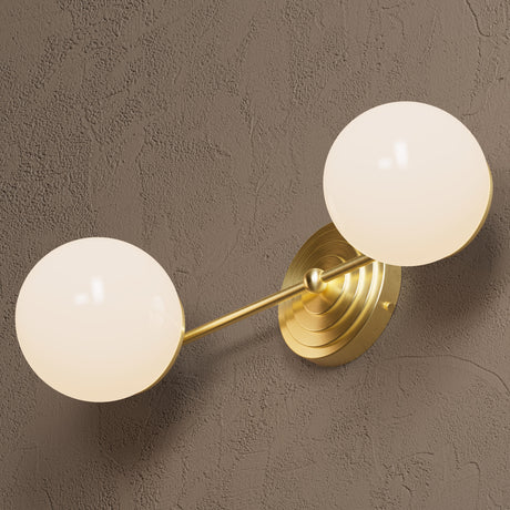Summit - Two Light Bathroom Vanity - Raw Unlacquered Brass / Gloss White Globes - Wall Light Fixtures - Custom Lighting