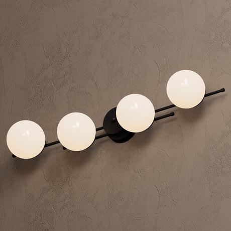 Wichita - Four Light Bathroom Vanity - Matte Black / Gloss White Globes - Wall Sconce - Custom Lighting By Velora