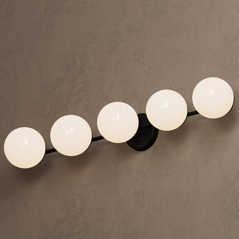 Phoenix - Five Light Vanity Wall Sconce - Matte Black / Gloss White Globes - Wall Light Fixtures - Custom Lighting