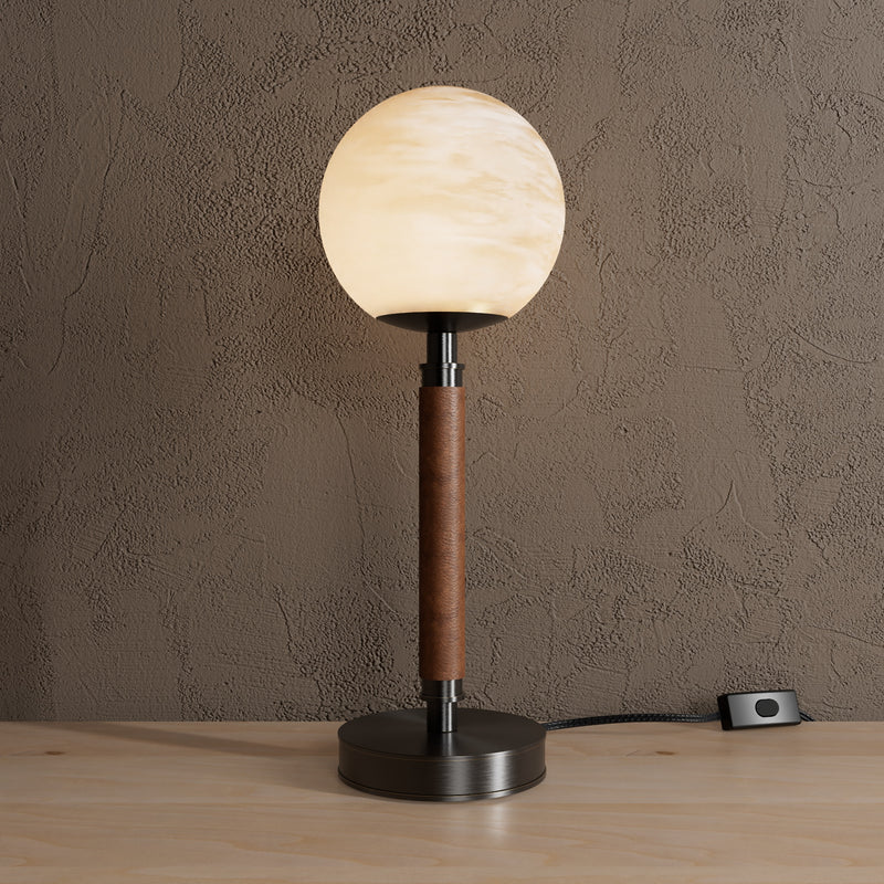 Arlington - Alabaster Globe Table Lamp - Blackened Brass / Brown Leather - Table Lamp - Custom Lighting By Velora