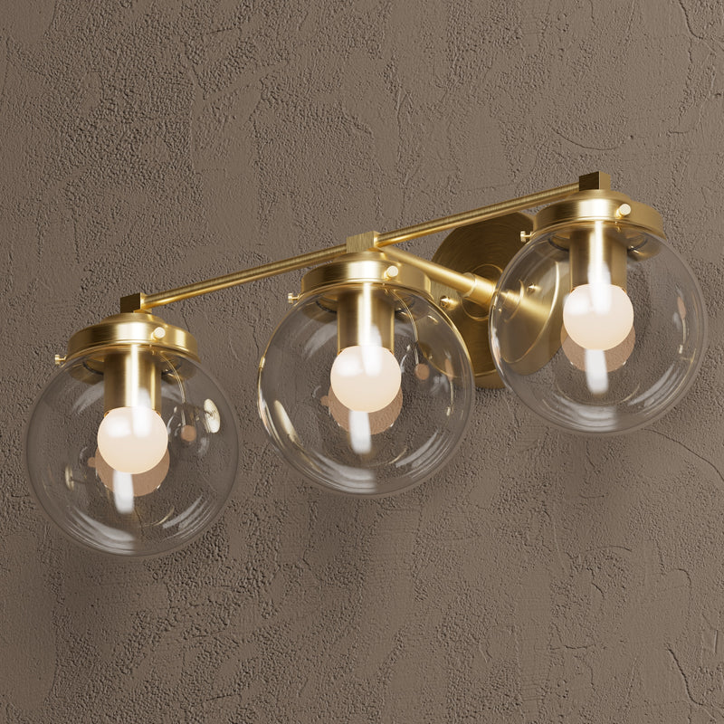 Frisco - Three Light Bathroom Vanity - Raw Unlacquered Brass / Clear Globes - Wall Sconce - Custom Lighting By Velora