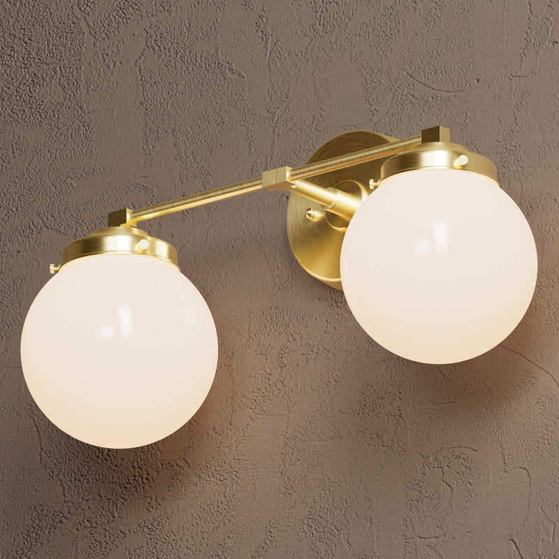 Mena - Two Light Bathrooom Vanity - Raw Unlacquered Brass / White Globes - Wall Sconce - Custom Lighting By Velora
