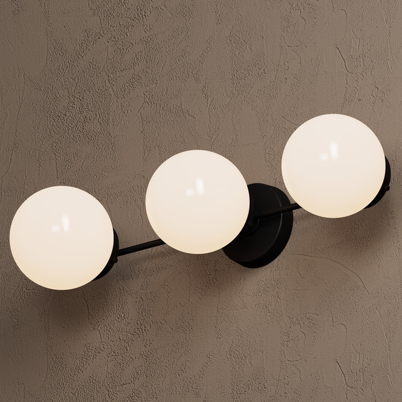 Shepherd - Three Light Bathroom Vanity - Matte Black / White Globes - Wall Sconce - Custom Lighting By Velora