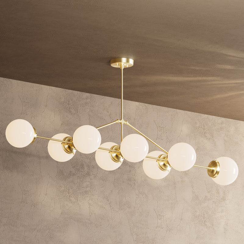 Porto - 6’’ Glass Globe 8 Light Linear Dining Chandelier - Raw Unlacquered Brass / White Globes - Chandelier - Custom
