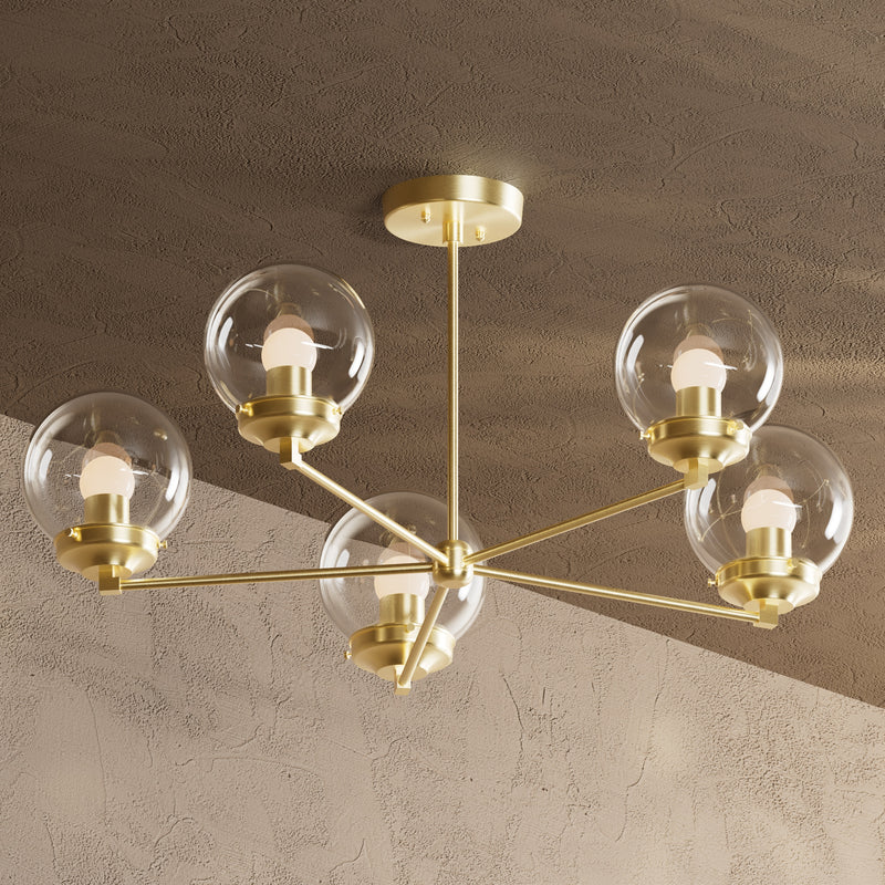 Avila - 6’’ Glass Globe 5 Light Chandelier - Raw Unlacquered Brass / White Globes - Chandelier - Custom Lighting