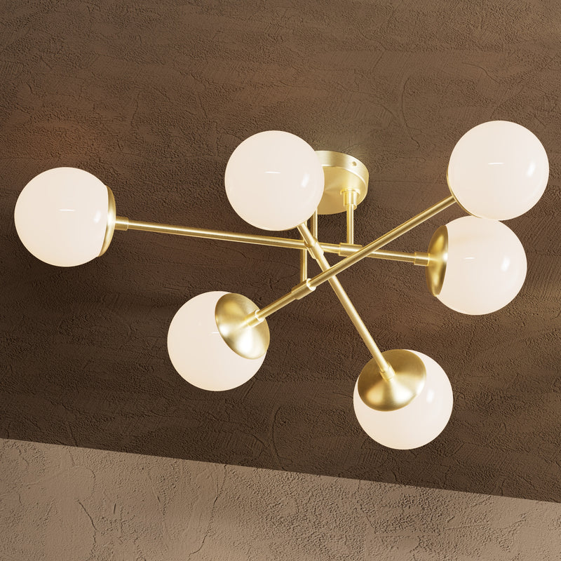 Hazelton - Six Light Semi Flush Fixture - Raw Unlacquered Brass / Gloss White Globes - Ceiling Light Fixtures - Custom