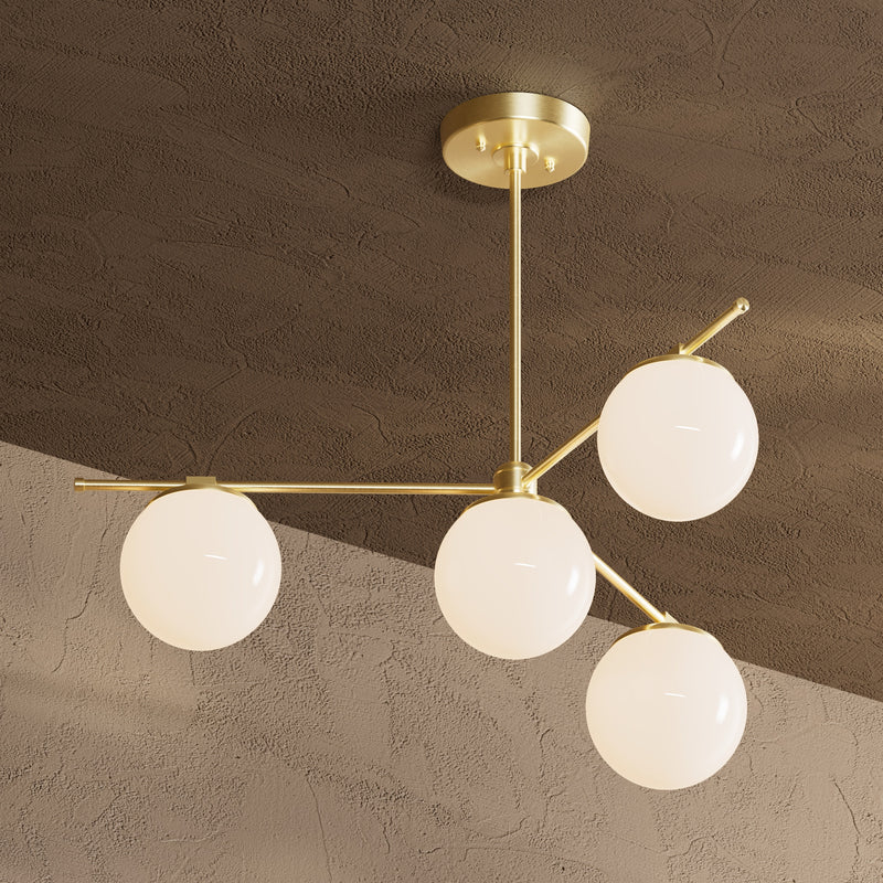 Missoula - Modern Glass Globe 4 Light Chandelier - Raw Unlacquered Brass / Gloss White Globes - Chandelier - Custom