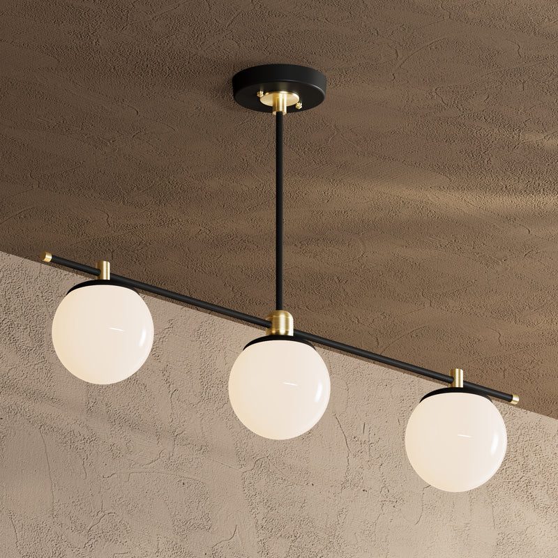 Sioux - Modern Glass Globe 3 Light Linear Chandelier - Black & Brass / Gloss White Globes - Lighting Fixtures - Custom