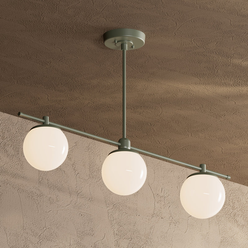 Sioux - Modern Glass Globe 3 Light Linear Chandelier - Olive Green / Gloss White Globes - Lighting Fixtures - Custom