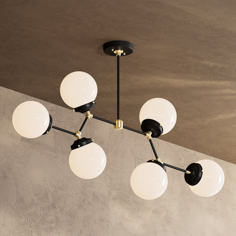 Solingen - 6’’ Glass Globe 6 Light Chandelier - Black & Brass / White Globes - Chandelier - Custom Lighting By Velora
