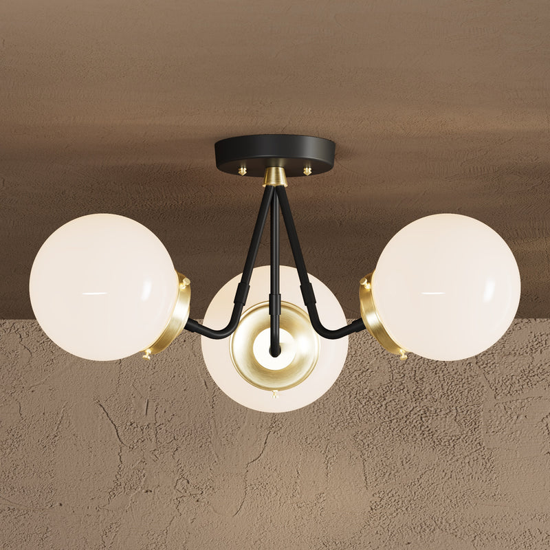 Fresno - Three Light Semi Flush Fixture - Black & Brass / White Globes - Semi Flush - Custom Lighting By Velora