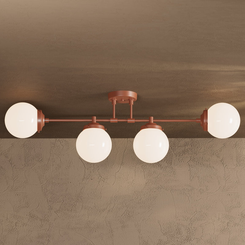 Blaine - Four Light Semi Flush Fixture - Terra Red / Gloss White Globes - Ceiling Light Fixtures - Custom Lighting