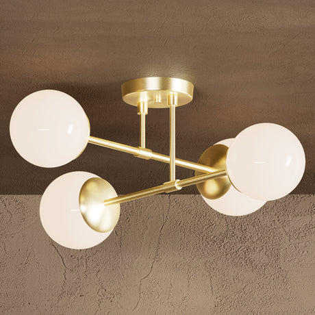 Evadale - Four Light Semi Flush Fixture - Raw Unlacquered Brass / Gloss White Globes - Ceiling Light Fixtures - Custom