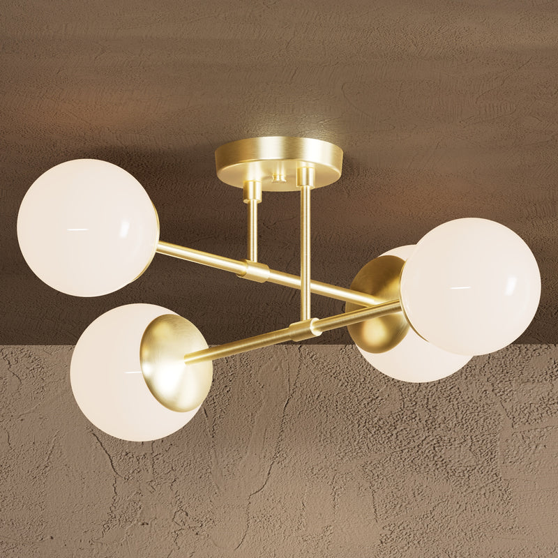 Evadale - Four Light Semi Flush Fixture - Raw Unlacquered Brass / Gloss White Globes - Ceiling Light Fixtures - Custom