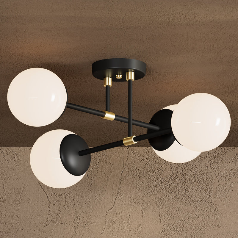 Evadale - Four Light Semi Flush Fixture - Black & Brass / Gloss White Globes - Ceiling Light Fixtures - Custom Lighting