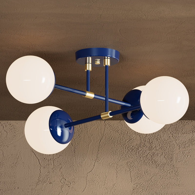 Evadale - Four Light Semi Flush Fixture - Navy Blue & Brass / Gloss White Globes - Ceiling Light Fixtures - Custom