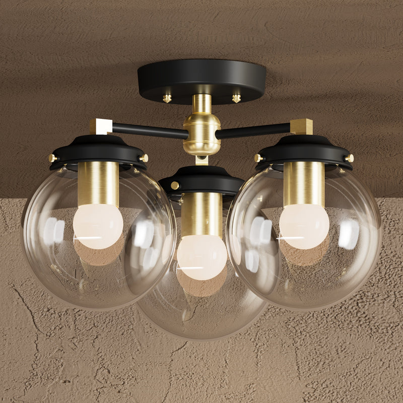Hawthorne - Three Light Semi Flush Fixture - Black & Brass / Clear Globes - Semi Flush - Custom Lighting By Velora