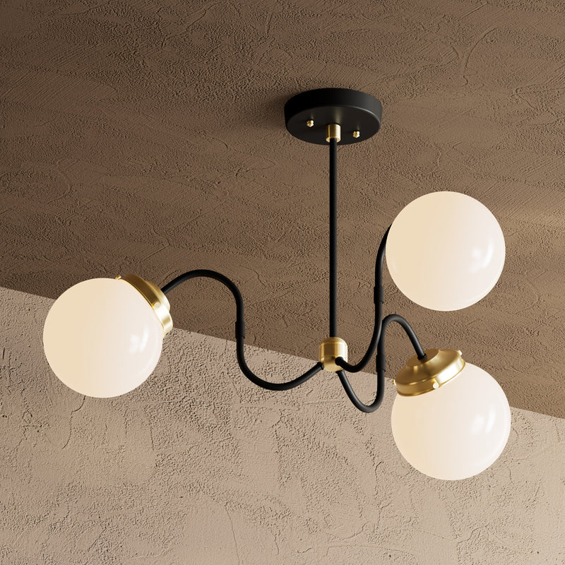 Amsterdam - 6’’ Glass Globe 3 Light Chandelier - Black & Brass / White Globes - Chandelier - Custom Lighting By Velora