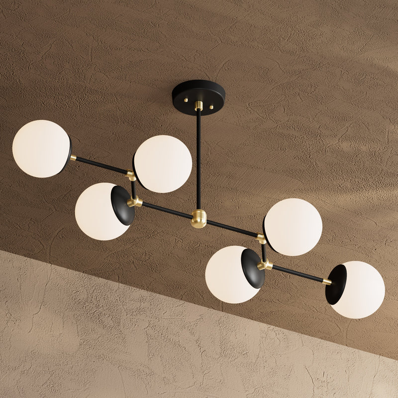 Ana - Modern Glass Globe 6 Light Linear Chandelier Kitchen Island - Black & Brass / Matte Frosted Globes - Chandelier