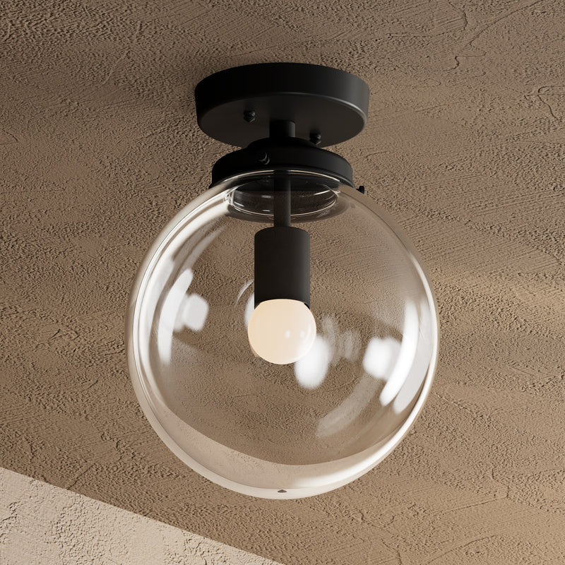 Claremont - Single Light Semi Flush Fixture - Matte Black / 10’’ Clear Globe - Semi Flush - Custom Lighting By Velora