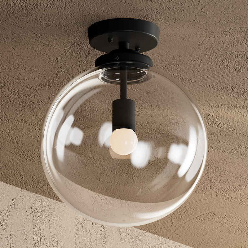 Claremont - Single Light Semi Flush Fixture - Matte Black / 12’’ Clear Globe - Semi Flush - Custom Lighting By Velora